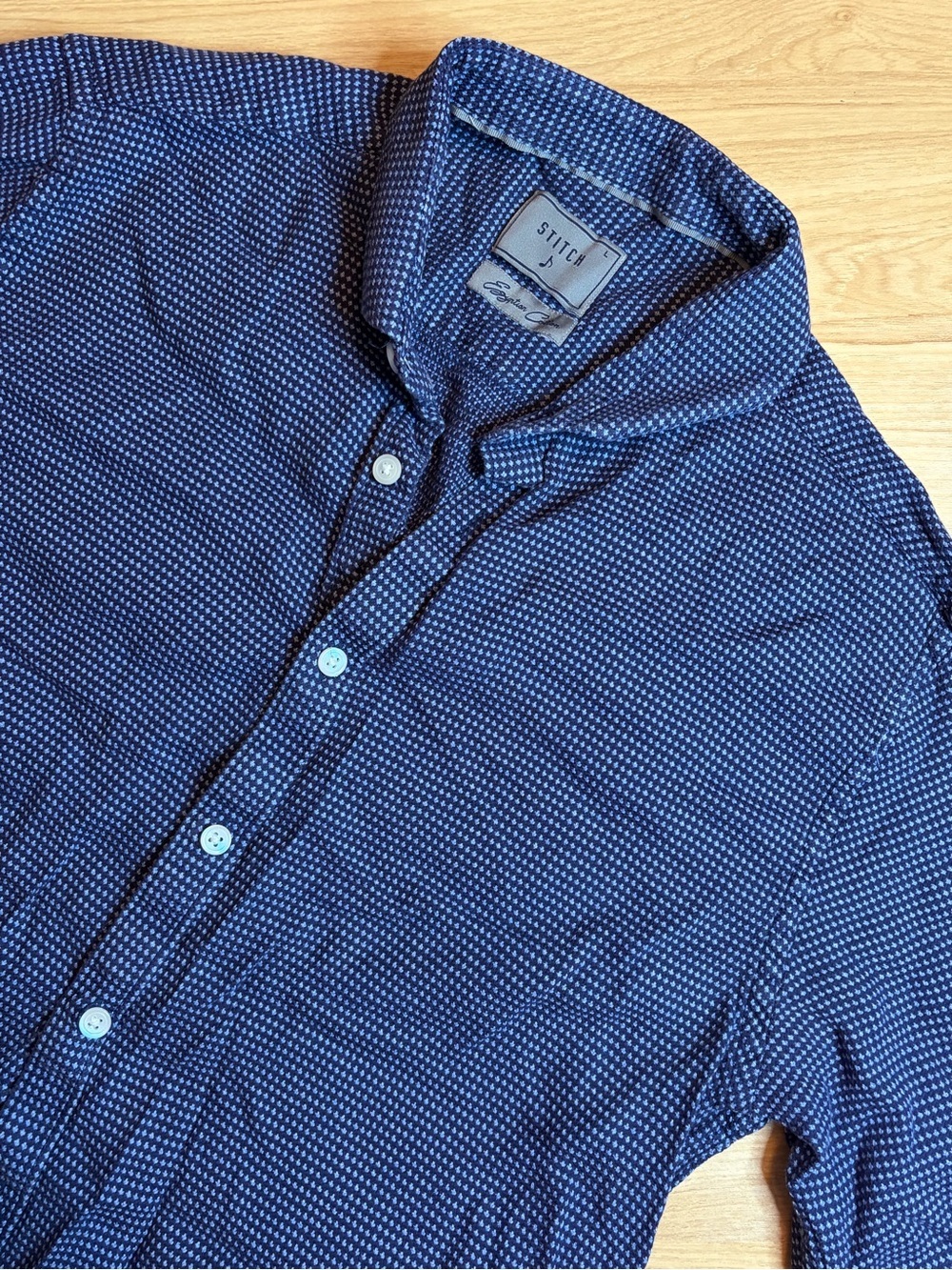 Stitch Navy Blue & White Button-Up Shirt L 100% Egyptian Cotton